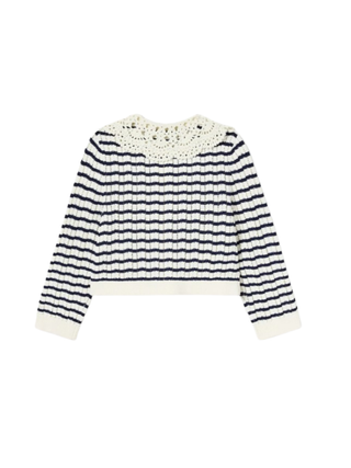 Gestreifte Strickjacke mit Häkelkragen und Kirschmotiv