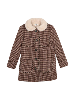 Mantel aus Hahnentritt-Tweed mit Plüschfutter - Beige
