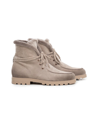 Taupefarbene Stiefeletten für Damen aus Wildleder mit Pelz