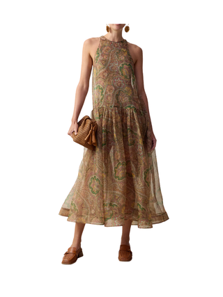 Clash Lantern Midi Dress Emerald Paisley
