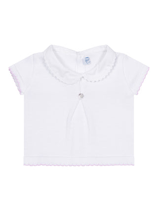 Kurzarm-Pullover mit Stoffkragen - Weiß-Rosa