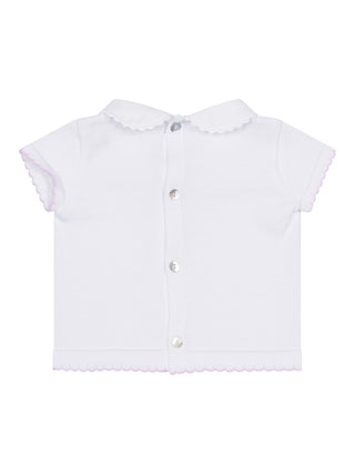 Kurzarm-Pullover mit Stoffkragen - Weiß-Rosa