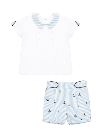 Set aus Poloshirt und Shorts mit Stickereien - Weiß/Blau
