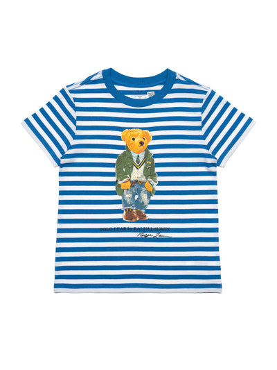 T-Shirt mit Streifen und Polo-Bär - Blau